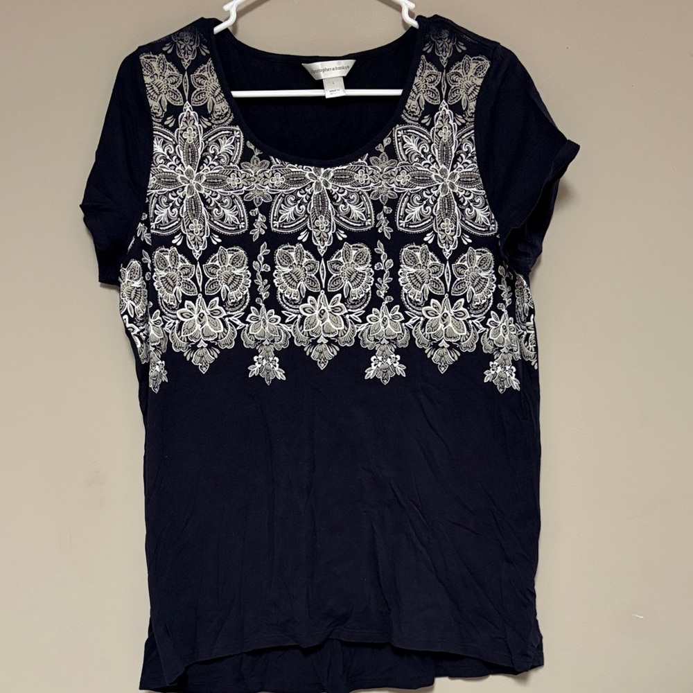 Christopher & Banks Black Top with White Floral Design